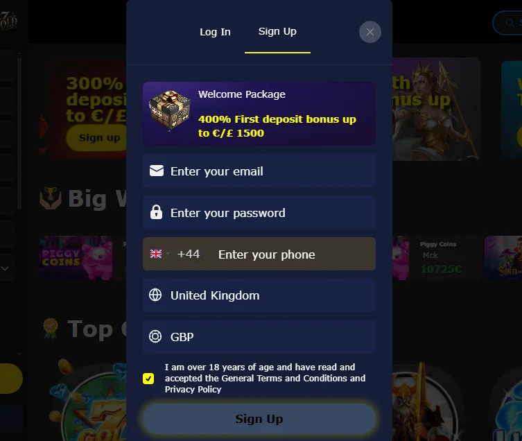 7Gold Casino registration form